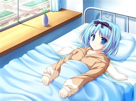 Bed Blue Hair Bow Game Cg Kujou Yuuka Magus Tale Short Hair Tenmaso Whirlpool Konachan Com