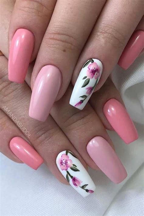 Pretty Pink Coffin Nails With Flowers Gelnailsdesigns Pink Nail Art