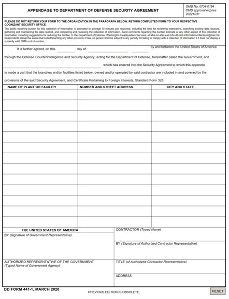 Dd Form 441 1 Appendage To Department Of Defense Security Agreement
