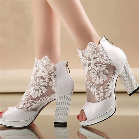 New Fashion Peep Toe Summer Wedding Boots Sexy White Lace Prom Evening