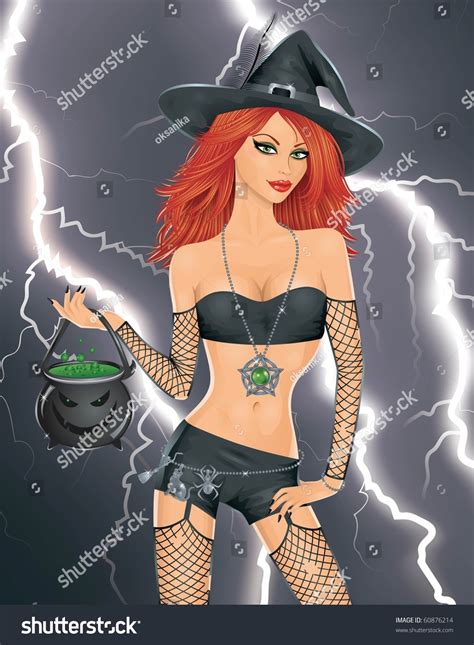 Sexy Witch With Red Hair Holding A Pot With A Scary Face With Green