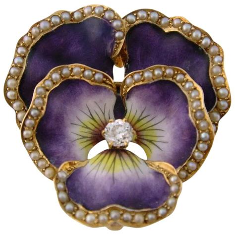 Antique Art Nouveau 14k Gold Enamel Diamond Pearl Large Pansy Pendant