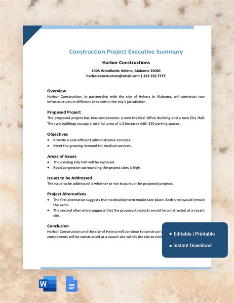 Construction Project Executive Summary Template Download In Word
