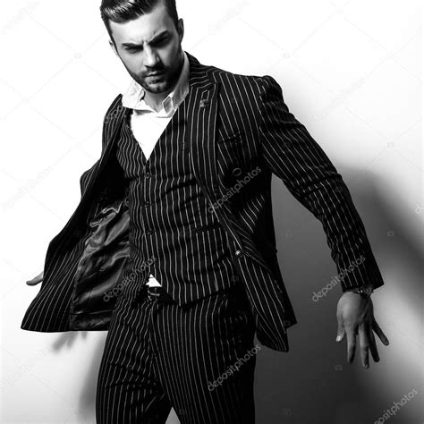 Elegant Young Handsome Man In Classic Costume Black White Studio