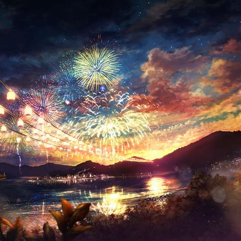 Android Wallpaper Ah44 Firework Dark Night Anime Art Illust