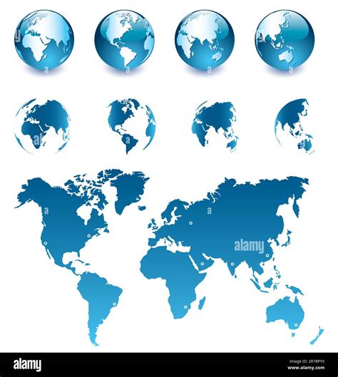 Vector Illustration Of 8 Blue Earth Globes And Map Of The World Easy