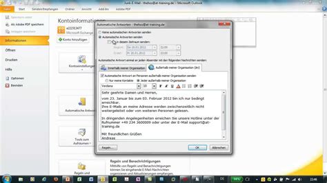 I'll be back in office on monday, tt/mm/jj, and will respond to you as soon as possible. Outlook 2010 - Automatische Antworten - Abwesenheitsassistent - YouTube