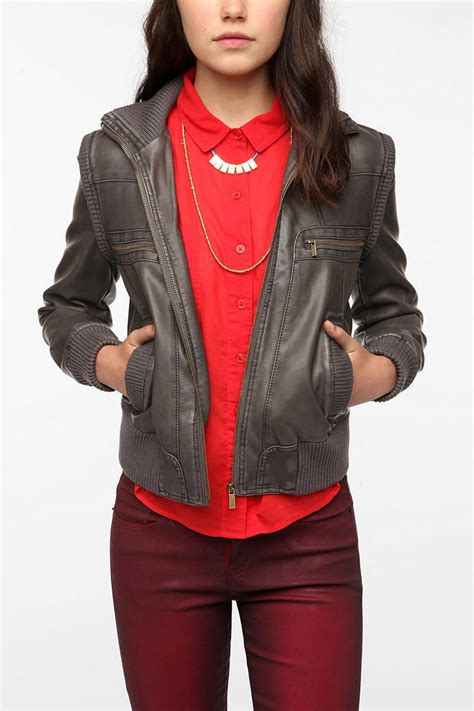 Bdg Faux Leather Ribbed Collar Bomber Jacket Urbanoutfitters Bomber