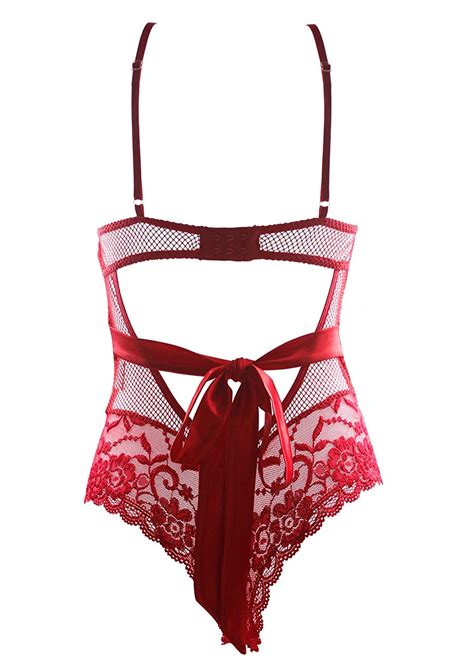Garmol Women Sexy Lingerie One Piece Fishnet Teddy Lace Cups Red Size