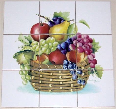 Fruit Ceramic Tile Mural Basket Grapes Apple 9pcs 425 X 425 Kiln Fired