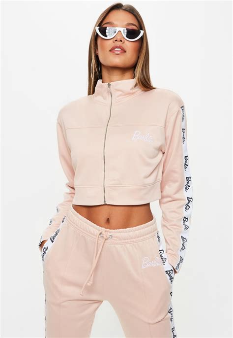 missguided barbie x missguided pink logo cropped track jacket casual athletic outfits