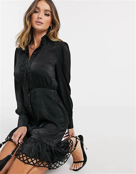 Missguided Satin Shirt Dress With Lace Trim In Black Asos