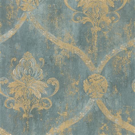 Free Download Wallpaper French Faux Aqua Blue Large Damask With Gold