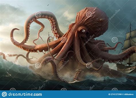 Octopus Kraken Using Tentacles To Battle Giant Squid Stock Photo