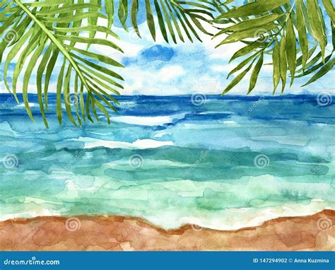 Opinião Tirada Mão Da Praia Mar Do Watercolour Céu E Folhas Tropicais