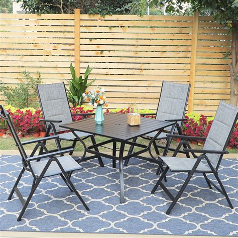 phi villa 5 piece patio dining set 4 folding aluminum and textilene chairs and steel table
