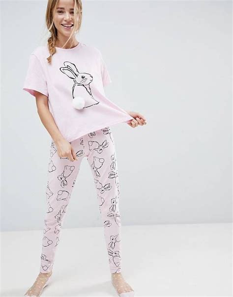 Asos Rabbit Pompom Tee And Legging Pyjama Set Pajama Set Night Wear