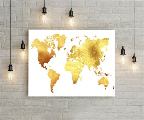 Gold World Map Print Gold Glitter Wall Art World Map Wall Art Travel