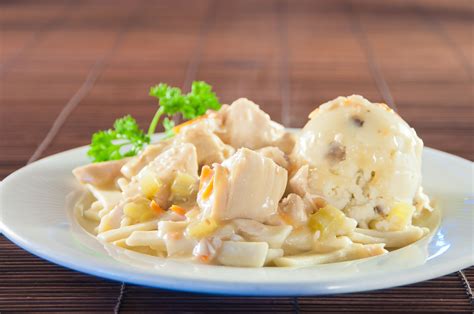 Chicken And Noodles With Lumpy Skin On Mashed Potatoes Food Skin On