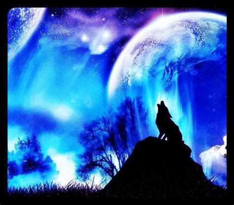Neon Blue Moon And The Wolf Northern Lights Painting Wolf Wallpaper