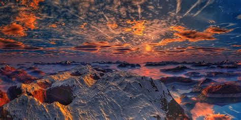 2048x1024 Nature Landscape Mountain Sunrise Snowy Peak Lake Clouds