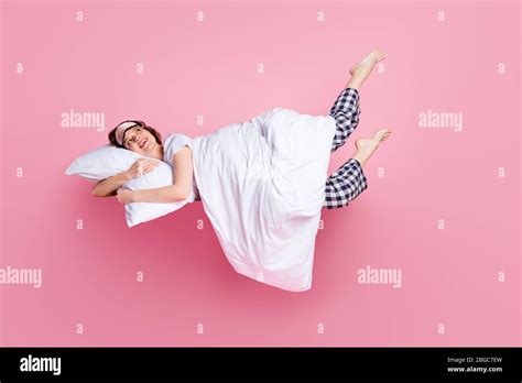 Full Size Photo Of Cheerful Lady Satisfied Morning Nap Lying Bed Hug