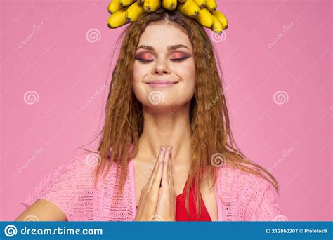 Woman With Bananas Wavy Hair Fruits Lifestyle Bright Makeup Pink Background Stock Image Image