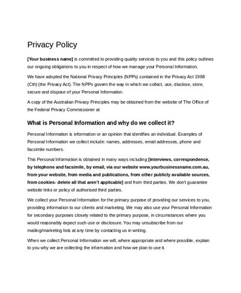 Including a privacy policy not only builds trust with your customers, but it also ensures that you stay in line with your legal obligations. Privacy Policy templates in PDF format