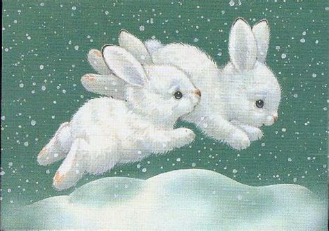 Adorable Rabbits Hopping In The Snow Cute Animal Drawings Bunny Art
