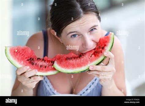 Woman Eating Watermelon Stock Photo Alamy