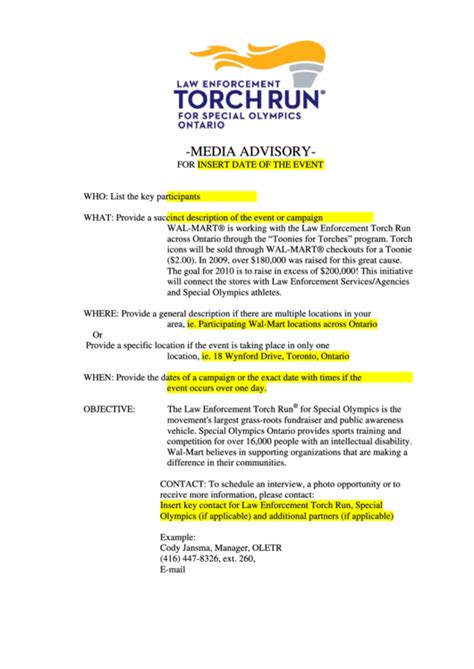 Media Advisory Template Torch Run Ontario Printable Pdf Download