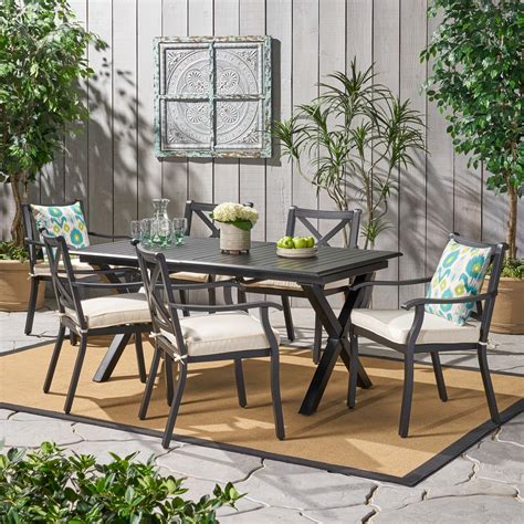 Outdoor Expandable 7 Piece Cast Aluminum Dining Set With Cushionsivory