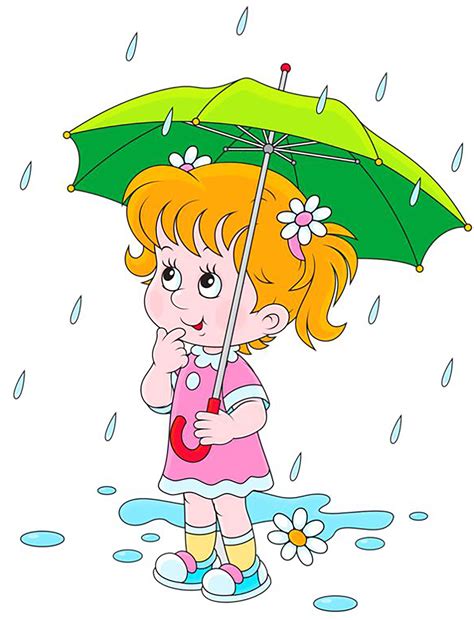 A Cute Girl With Green Umbrella In Heavy Rain Cartoon Clipart Free