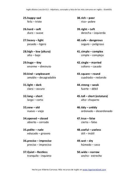 100 Adjetivos Basicos En Ingles Frases Comunes En Ingles Adjetivos