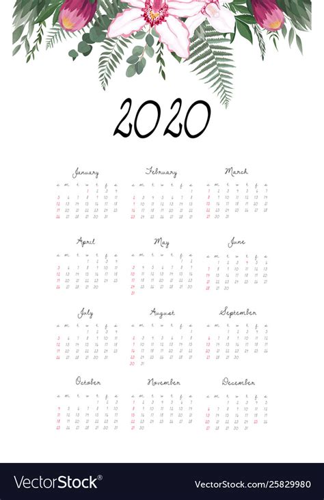 Calendar 2020 Template 12 Months Include Holiday Vector Image