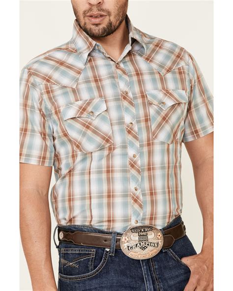 Wrangler Mens Brown Large Plaid Short Sleeve Fashion Snap Western Shirt Tall Sheplers
