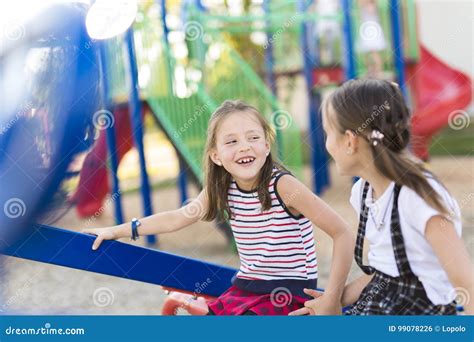 Cheerful School Age Child Play On Playground School Stock Photo Image