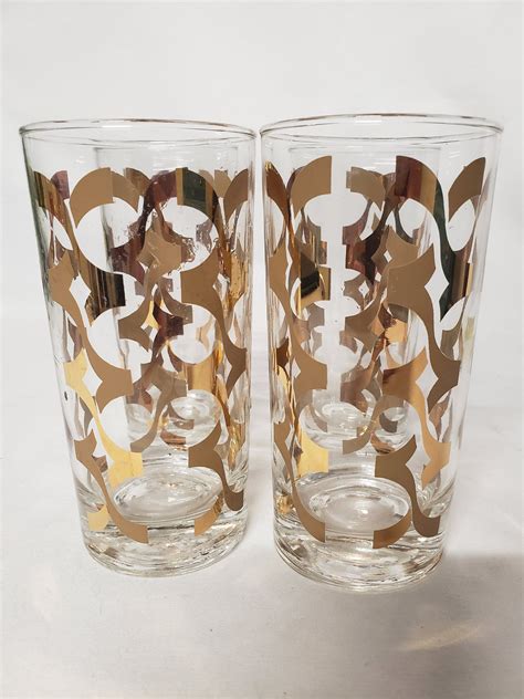 Mid Century Modern Gold Pattern Highball Glasses Vintage Libbey Glass