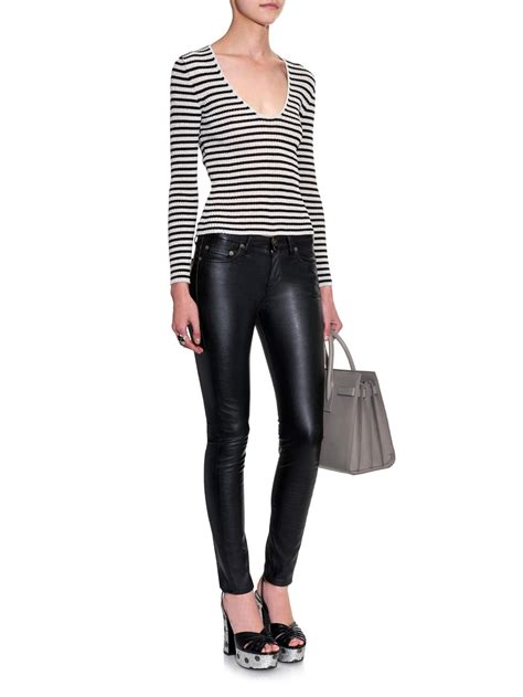 Saint Laurent Low Rise Skinny Faux Leather Trousers In Black Lyst