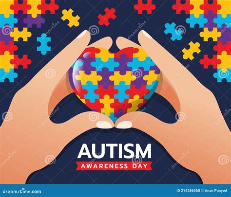 Wolrd Autism Awareness Day Banner With Hands Hold Care Colorflu Puzzle