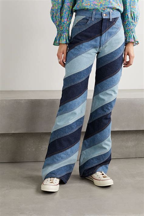 Dark Denim Striped Patchwork High Rise Flared Jeans Runway Marc