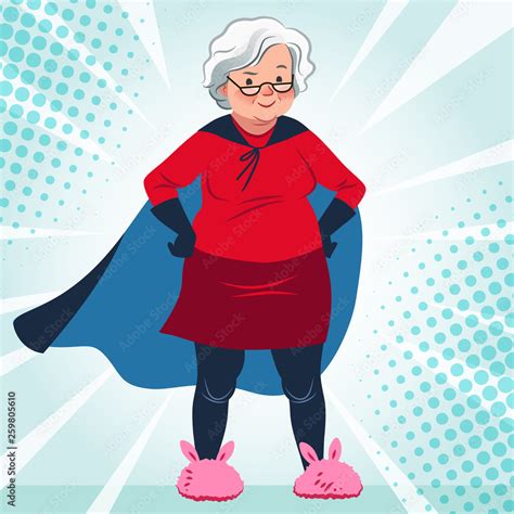 Grandma In Superhero Costume Standing With Hands On Hips Vector Cartoon