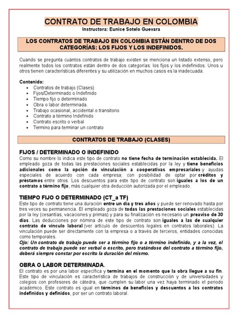 contrato de trabajo en colombia derecho laboral salario prueba gratuita de 30 días scribd