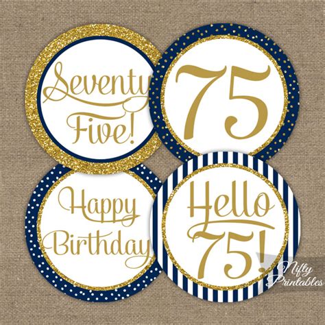 75th Birthday Cupcake Toppers Navy Blue Gold Nifty Printables