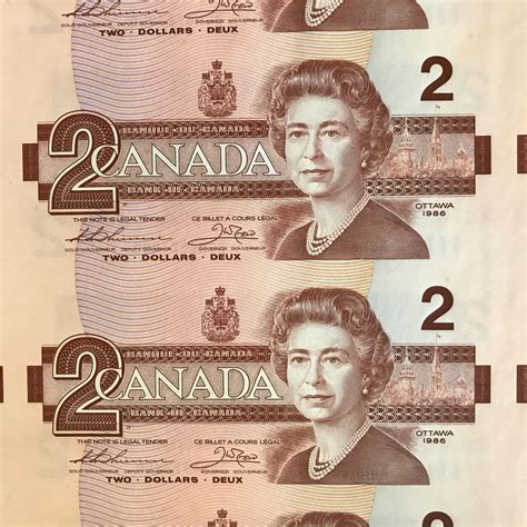 Uncut Sheet Of 1986 Canadian 2 Dollar Bills Uncirculated