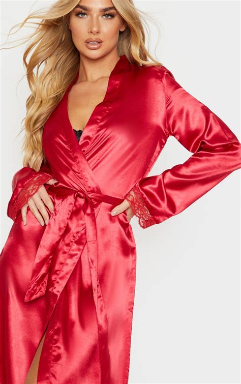 red long lace trim satin robe prettylittlething qa