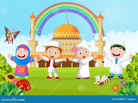 Cartoon Happy Kid Muslim With Rainbow Stock Vector Illustration Of