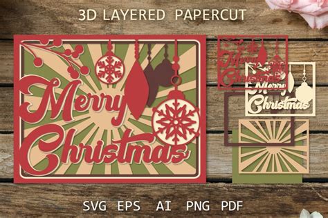 Retro Merry Christmas Card Svg 3d Vintage Layered Paper Cut