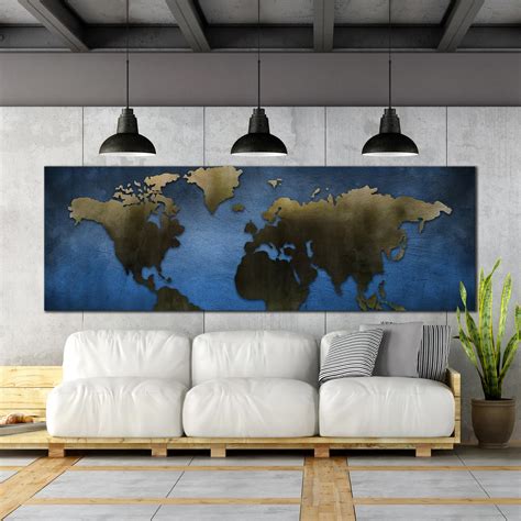 World Map Canvas Print Grey World Map Blue Background Panoramic Canva