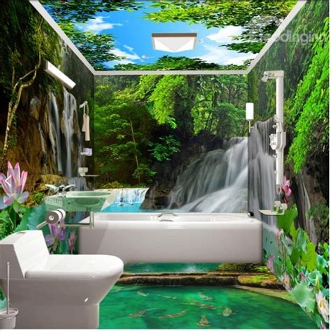 With waterfall and floral pattern. Vivid Waterfalls in the Lush Forest Scenery Pattern ...